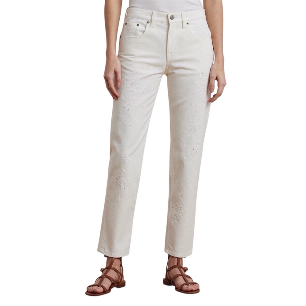 Lauren Ralph Lauren Embroidered White Relaxed Tapered Jeans Mid Rise Size 16